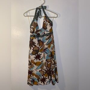 Patagonia Iliana Floral Halter Dress Blue Brown Yellow Built In Bra Size M YTK